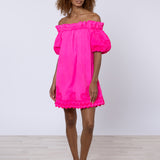 Poplin Off Shoulder Mini Dress with Ric-Rac - Indian Pink - Simply Beach UK