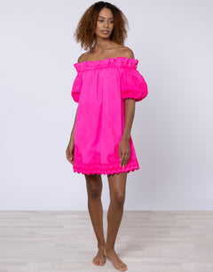 Poplin Off Shoulder Mini Dress with Ric-Rac - Indian Pink - Simply Beach UK