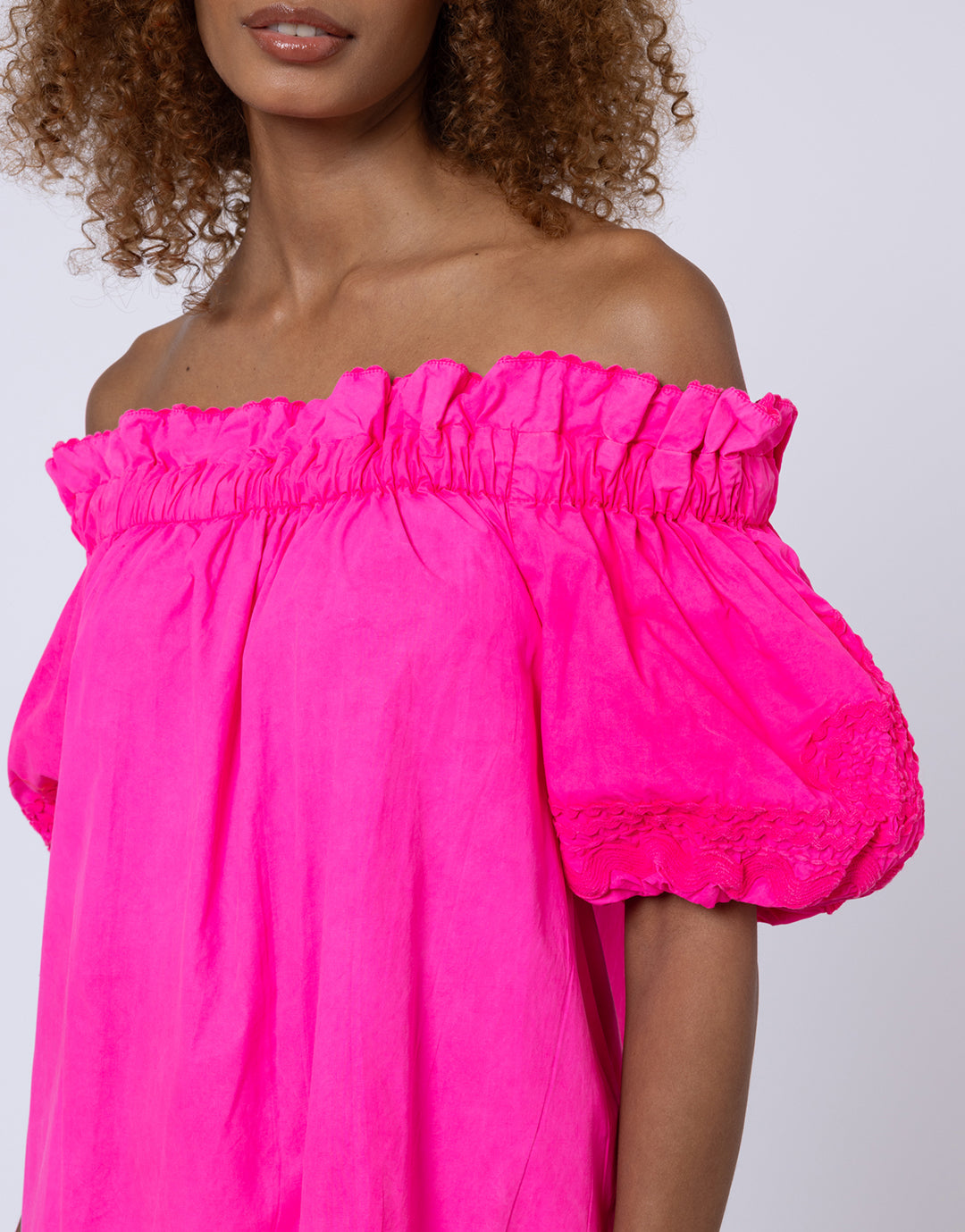 Poplin Off Shoulder Mini Dress with Ric-Rac - Indian Pink - Simply Beach UK