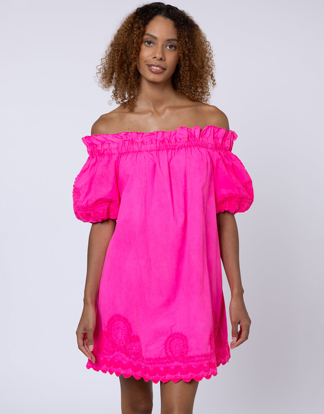 Poplin Off Shoulder Mini Dress with Ric-Rac - Indian Pink - Simply Beach UK