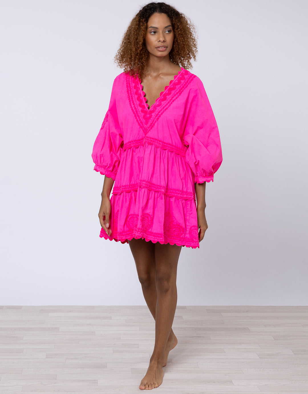 Poplin V-Neck Tiered Mini Dress with Ric-Rac - Indian Pink - Simply Beach UK