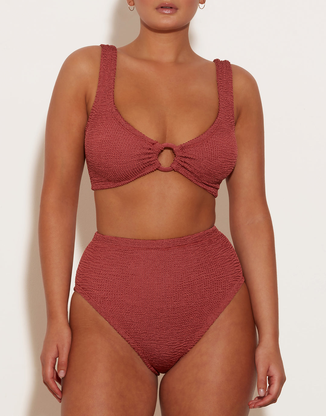 Nadine Bikini Set with Tonal Hoops - Metallic Rosewood - Simply Beach UK