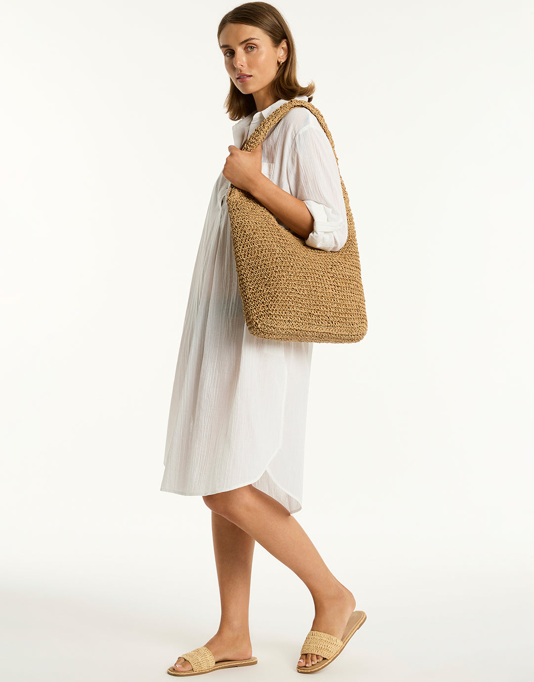 Crochet Slouch Beach Bag - Caramel - Simply Beach UK