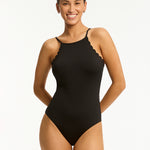 Scalloped Cross Back High Neck Swimsuit - Black - Simply Beach UK