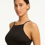 Scalloped Cross Back High Neck Swimsuit - Black - Simply Beach UK