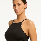 Scalloped Cross Back High Neck Swimsuit - Black - Simply Beach UK