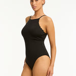 Scalloped Cross Back High Neck Swimsuit - Black - Simply Beach UK