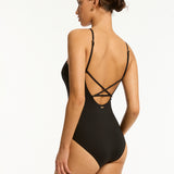 Scalloped Cross Back High Neck Swimsuit - Black - Simply Beach UK