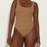 Square Neck Swimsuit - Metallic Cocoa Stripe - Simply Beach UK