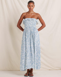 Daffodil Shirred Midi Dress - Blue Print - Simply Beach UK